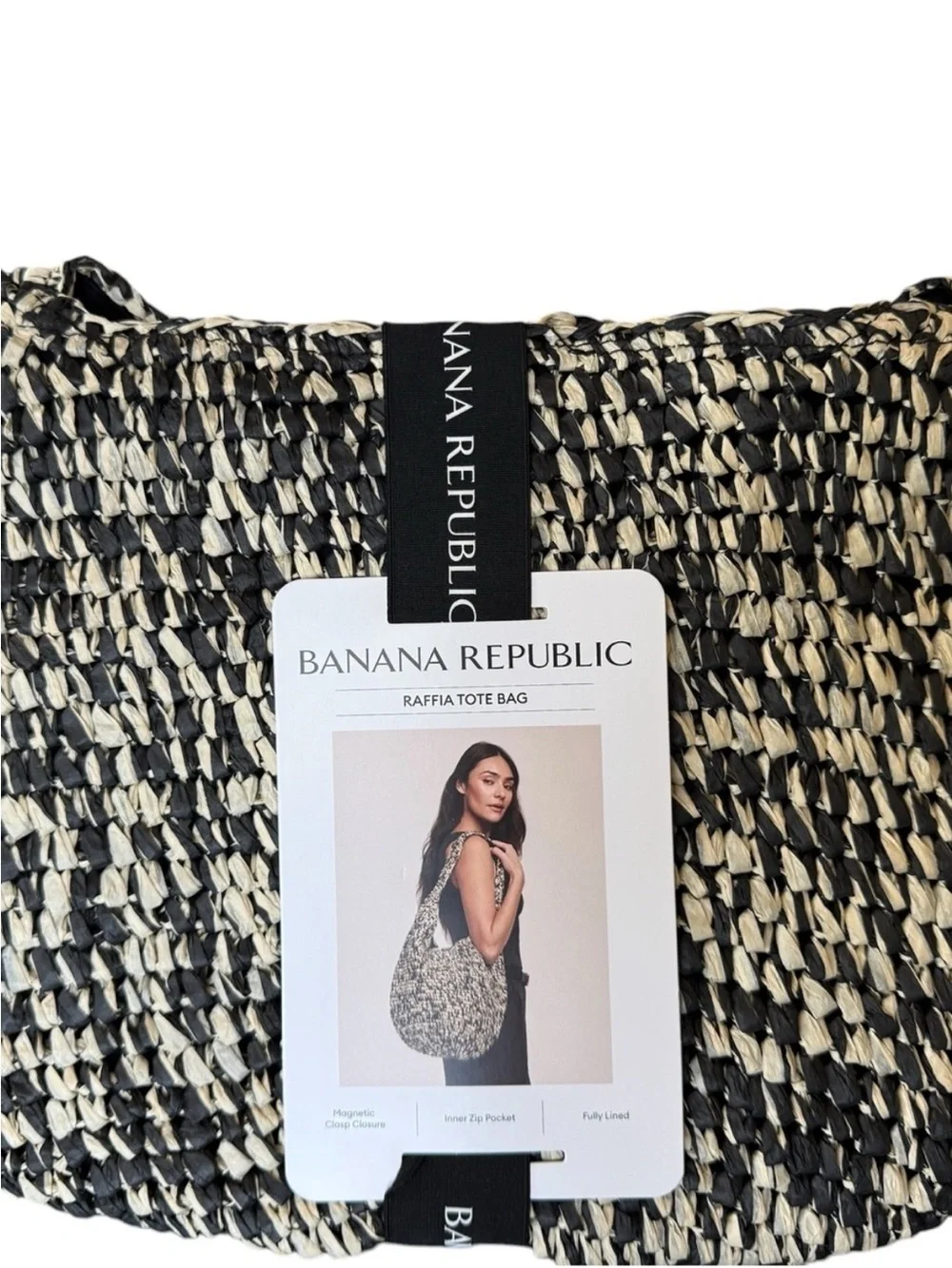 Banana Republic Black & Cream Woven Raffia Hobo Bag